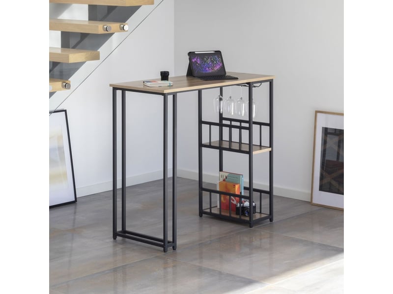  Gavin table haute de bar acier, étagères &amp; porte-verre chêne  - Conforama C