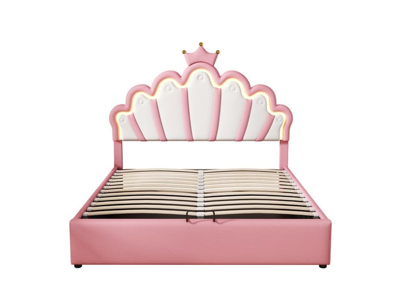  Lit enfant de princesse rembourré - 140x200 cm - led - tête de lit en forme de nuage - coffre hydraulique - similicuir pu - rose 203x144x131cm - Conforama E