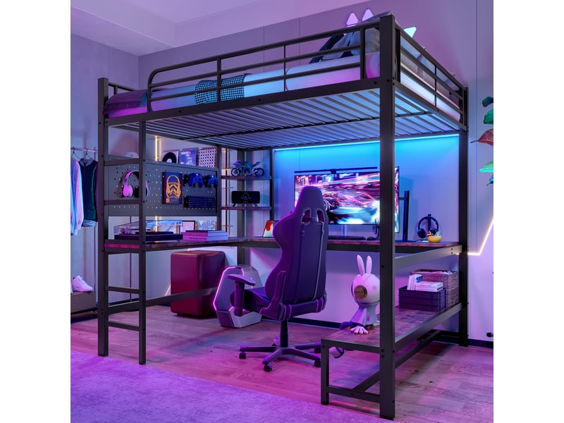 Lit mezzanine 140x200 cm noir, avec bureau, rangements, panneau perforé, échelle, led, usb-c, structure métal, sommier inclus, sans matelas - Conforama B