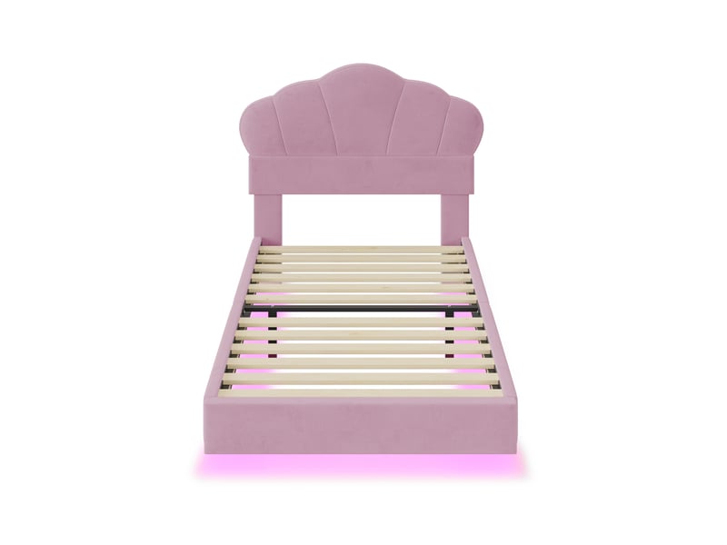  Lit enfant 90x200 cm, led, tête de lit et sommier, style moderne, velours rose, sans matelas  - Conforama E
