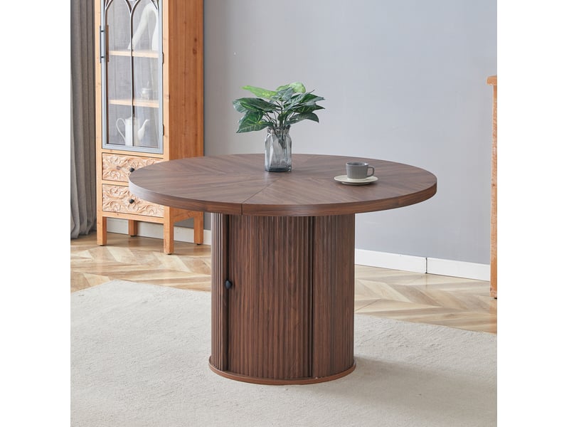  Table à manger ronde 115 cm avec rangement, mdf finition noyer, 4 à 6 places  - Conforama E
