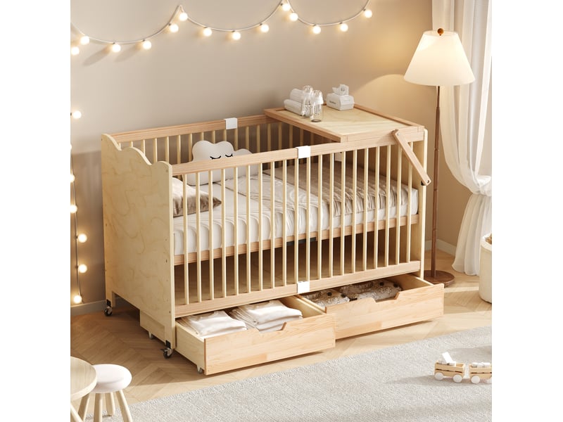 Lit bébé 70 × 140 cm avec 2 tiroirs, sommier réglable, 4 roulettes verrouillables et table à langer en bois de pin - Conforama B