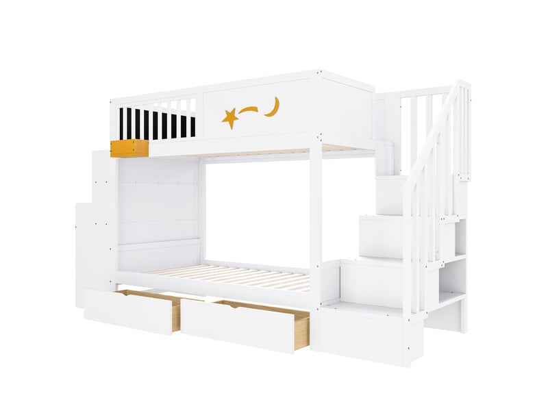  Lit superposé enfant 90x200 cm pin blanc avec rangements tiroirs, échelle et bureau intégré - motif étoilé  - Conforama A