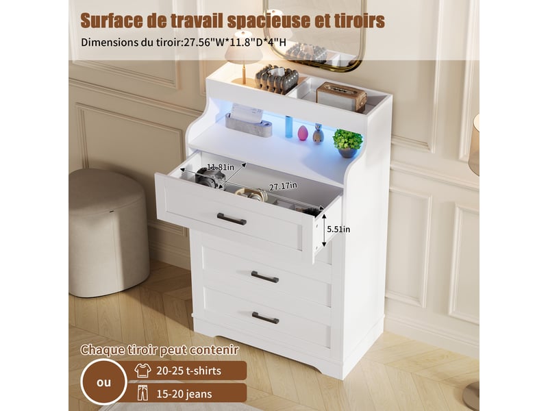  Commode  73 x 39.5 x 114 cm - chiffonnier 4 tiroirs avec éclairage led rgb et niches – mdf - blanc  - Conforama E
