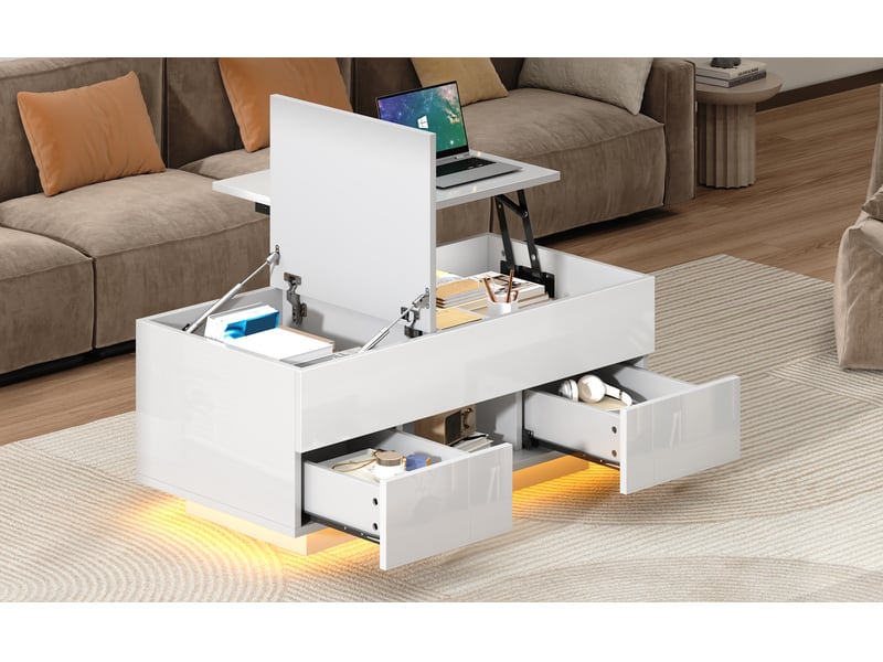  Table basse relevable 100x45x43 cm blanche panneau de particules avec 2 tiroirs rangement led et plateau escamotable evarich - Conforama E