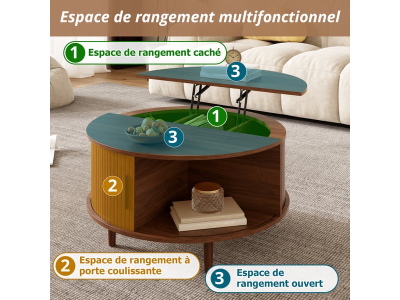  Table basse ronde relevable avec rangement, fini noyer, 80 x 80 x 59 cm  - Conforama D