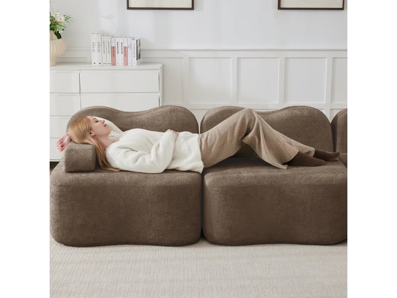  Canapé modulable 3 places en velours marron, canapé sans cadre en mousse haute densité, assise profonde pour salon  - Conforama D