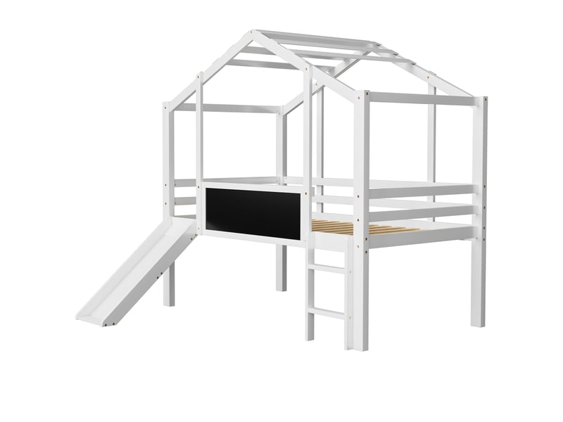  Lit cabane enfant 90 x 200 cm avec toboggan, échelle et tableau, structure en bois massif, finition blanche  - Conforama A