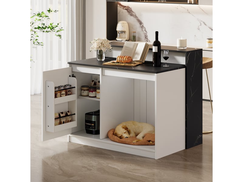  Îlot de cuisine avec coin repas et espace animaux, 120 x 80 x 100 cm, mdf mélaminé blanc et noir effet marbre  - Conforama B