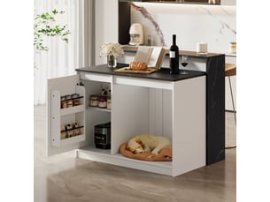 Îlot de cuisine avec coin repas et espace animaux, 120 x 80 x 100 cm, mdf mélaminé blanc et noir effet marbre