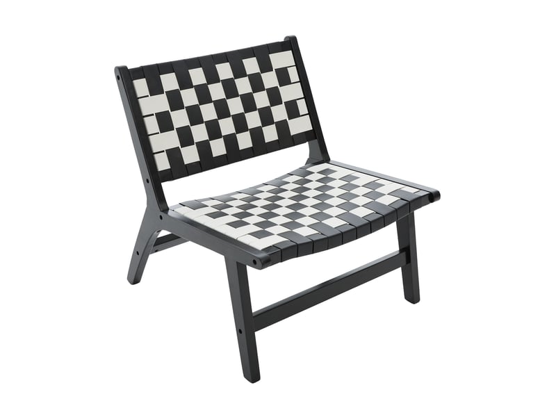  Fauteuil sans accoudoirs à tressage damier, assise basse avec coussin, structure en bois et pu noir, 71 × 66 × 72 cm  - Conforama A