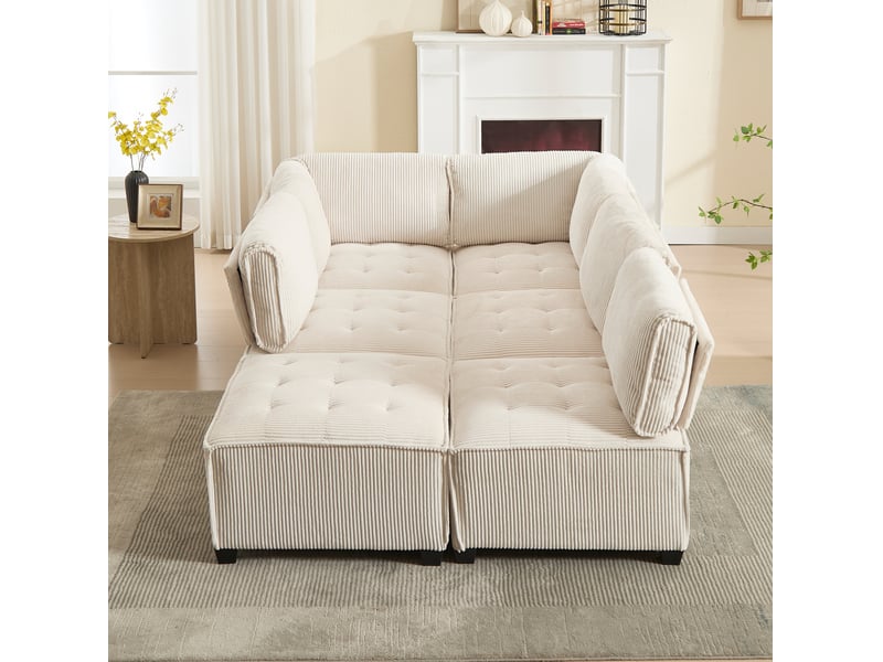  Canapé modulaire tcqpz 6 places 308 x 154 x 82 cm convertible en couchage velours côtelé beige  - Conforama D