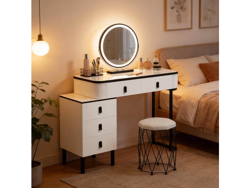 Coiffeuse avec miroir led réglable, 5 tiroirs, caisson réversible et tabouret pour chambre, blanc, 125 × 40 × 100 cm - Conforama D