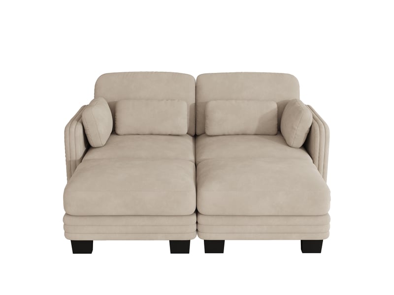  Canapé droit 2 places modulable en chenille café clair avec 2 ottomanes  - Conforama A