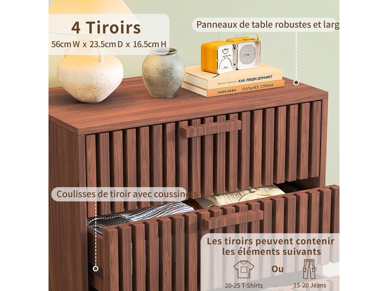  Kefsr commode 4 tiroirs, chiffonnier meuble de rangement style rétro pour chambre, salon et entrée, finition noyer, 60x34x91 cm  - Conforama R