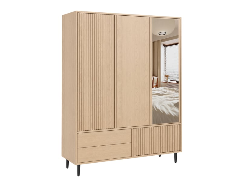 Armoire penderie 3 portes 135 cm avec miroir, 1 tringle, 4 étagères, 3 tiroirs, façade à lattes, structure mdf et acier, finition bois - Conforama A