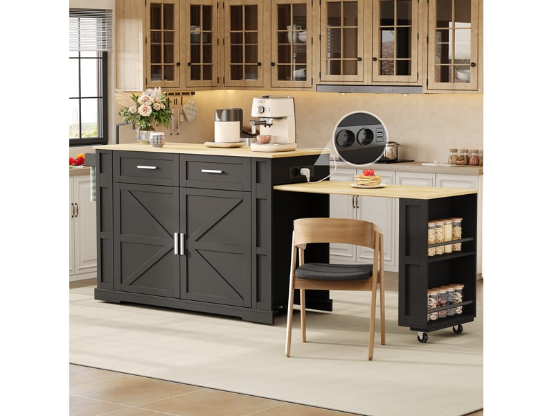  Îlot de cuisine mobile 130x50x93 cm extensible, prises usb, noir et naturel  - Conforama E