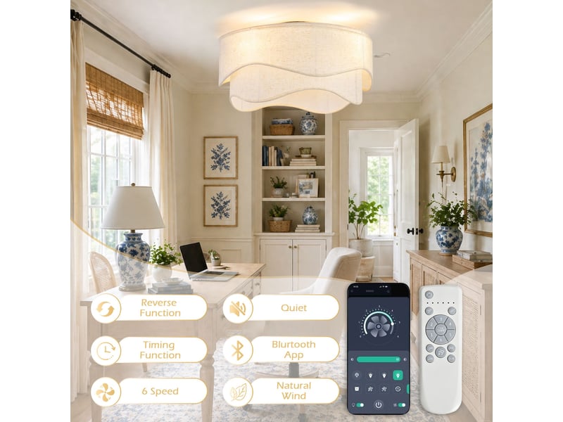  Ventilateur de plafond 50 cm éclairage led abs doré et blanc réversible 6 vitesses télécommande minuterie et mémoire abat-jour lin  - Conforama D