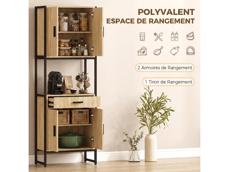  Buffet haut armoire cuisine style industriel 4 portes 3 étagères tiroir  - Conforama E