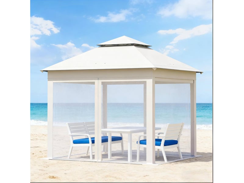 Tonnelle pliante 300 x 300 x 276 cm beige en tissu oxford et acier, double toit ventilé, moustiquaires amovibles - Conforama B