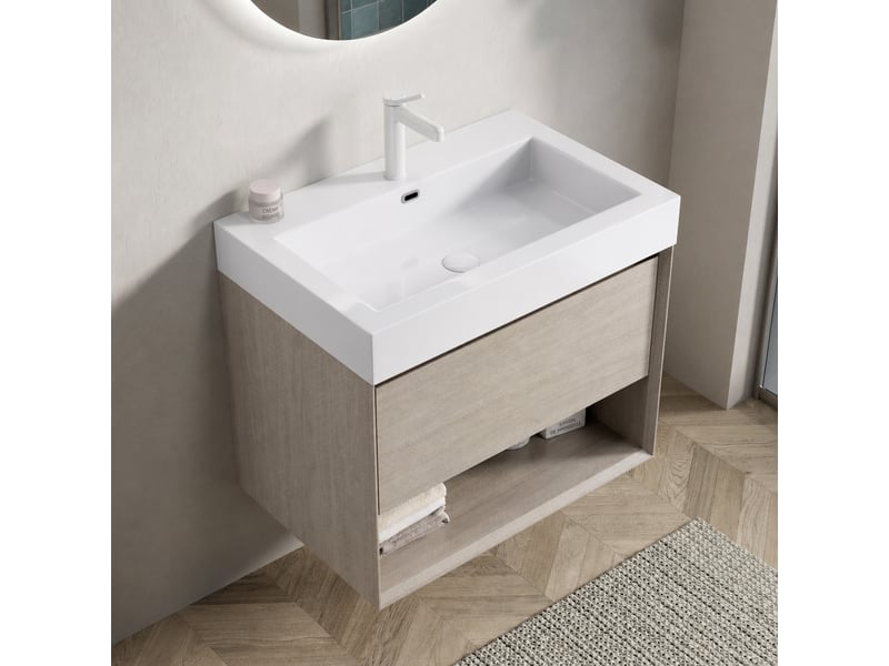  Meuble vasque suspendu 70 cm avec vasque rectangulaire blanche intégrée, finition chêne clair  - Conforama D