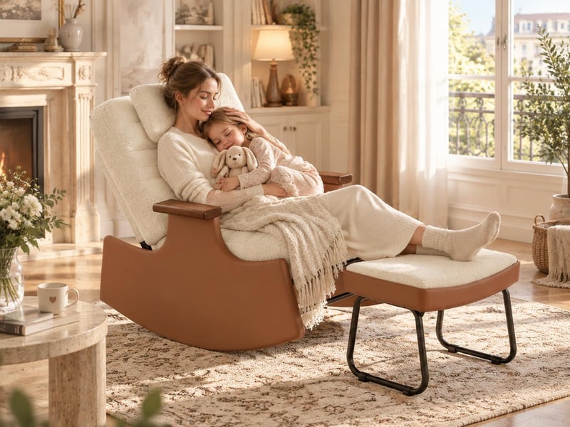  Fauteuil à bascule en laine d'agneau beige – avec repose-pieds – dossier réglable en trois positions – coussin d'assise épais – design ergonomique  - Conforama C