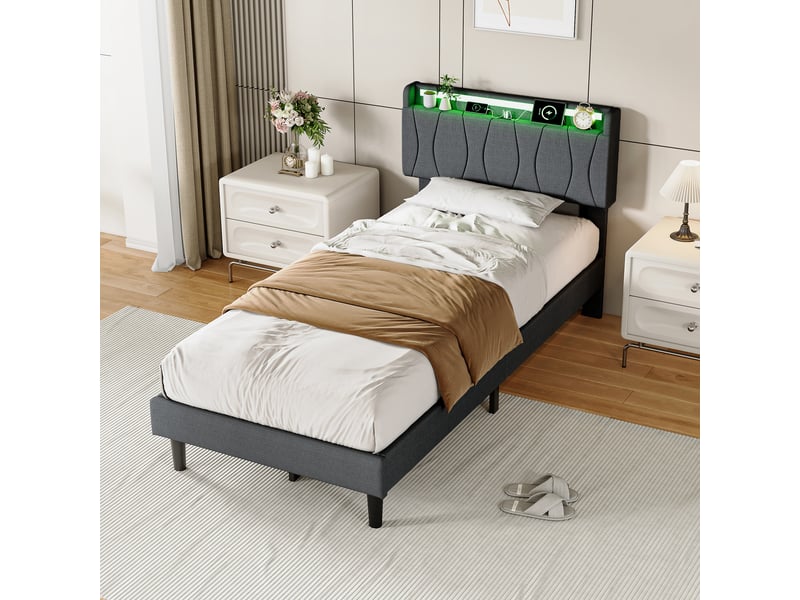  Lit simple capitonné 90x200cm avec cadre de lit à lattes et lumière led, tête de lit,gris  - Conforama E