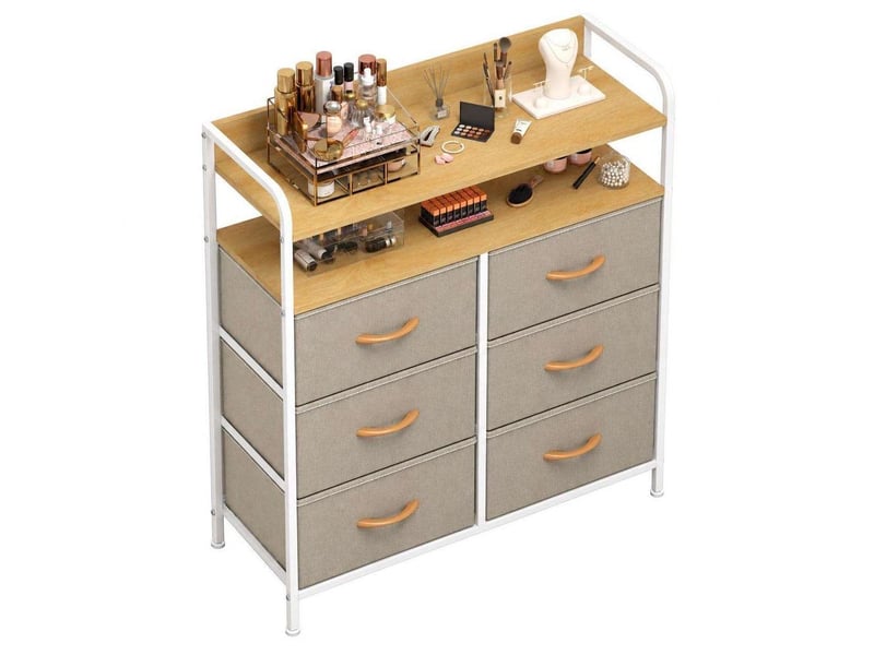  Commode haute six tiroirs tissu meuble rangement 97 cm blanc bois clair  - Conforama A