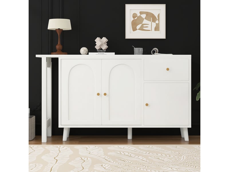  Bureau d'angle pivotant 360°, bureau et buffet 2 en 1 avec 3 portes et 1 tiroir. Bureau informatique blanc élégant pour salon et chambre.  - Conforama E
