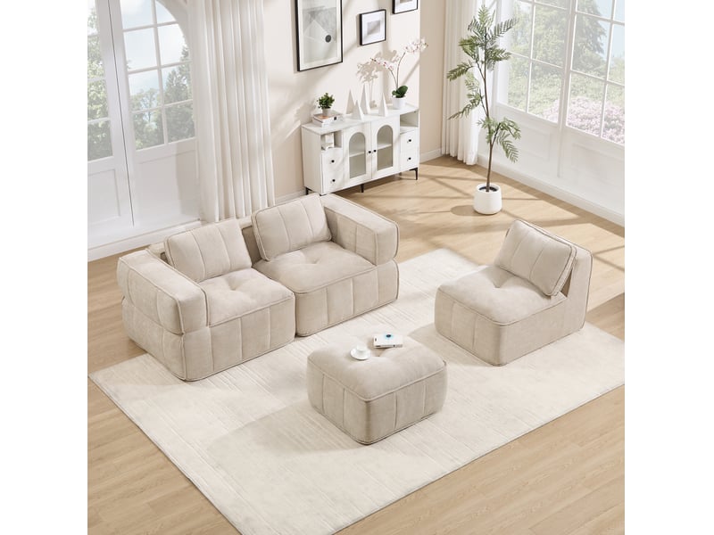  Canapé d'angle modulable compressé 3 places avec pouf, en polyester beige  - Conforama B