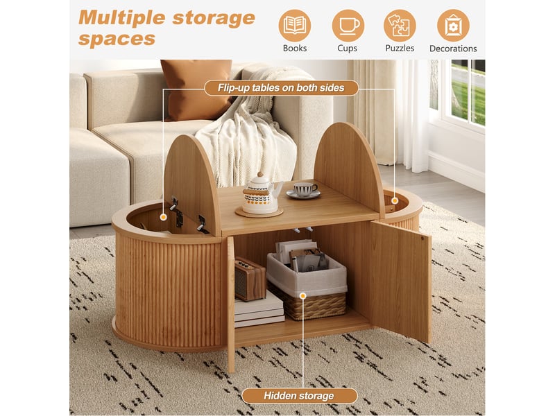 Table basse ovale 100 x 50 x 35 cm, coffres latéraux à couvercles, 2 portes battantes à pression, mdf et panneaux de particules, décor bois clair Luxe haut de gamme - Conforama W