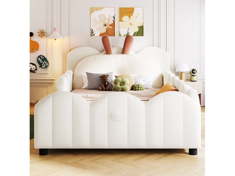  Lit jeune 90x200cm, bois, velours beige, mdf, barrières de protection, tête avec coussin lapin  - Conforama D