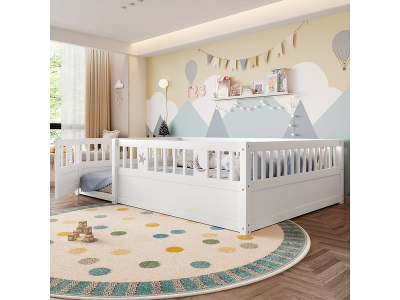 Lit enfant 140x190, avec barrière de sécurité, décoration étoiles et lunes, style minimaliste blanc lit cabane enfant - Conforama A