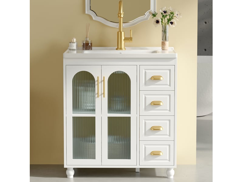  Meuble sous vasque avec 2 portes et 4 tiroirs, vasque en céramique pour salle de bain, blanc 80 × 47 × 90 cm  - Conforama D