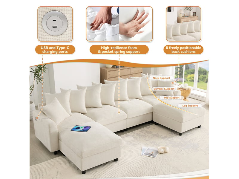  Canapé d'angle modulable 283x153,5x78,5 cm, 4 places avec 2 poufs, beige  - Conforama E