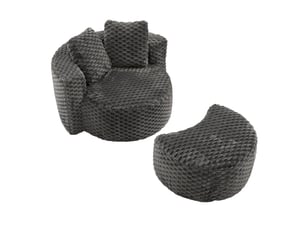 Fauteuil rond avec pouf, 1 place, tissu gris foncé, mousse, 130 x 115 x 103 cm