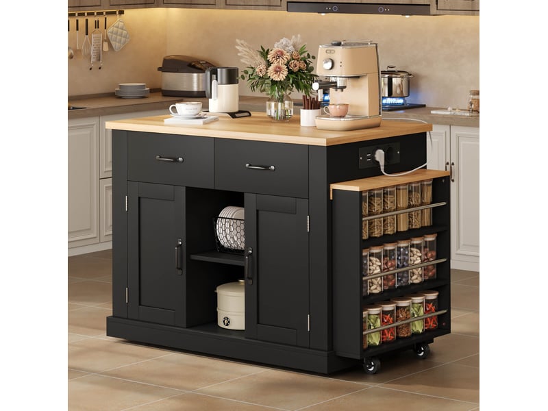  Desserte de cuisine avec table extensible, 2 portes, 2 tiroirs, 7 roues, pour salle à manger en mdf noir 132 × 60 × 93 cm  - Conforama D