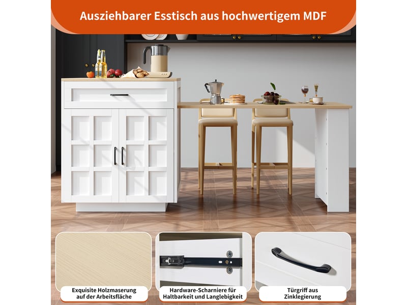  Table de bar extensible avec tiroir et niches, rangement latéral, pour cuisine, en mdf blanc, 133-202 × 70 × 93,5 cm  - Conforama E