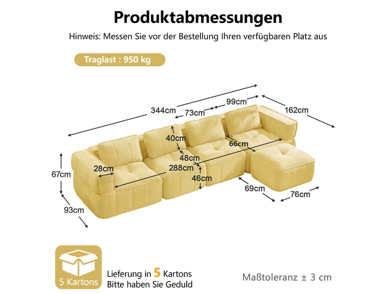  Canapé d'angle modulable 4 places en polyester, forme l avec pouf, jaune  - Conforama C