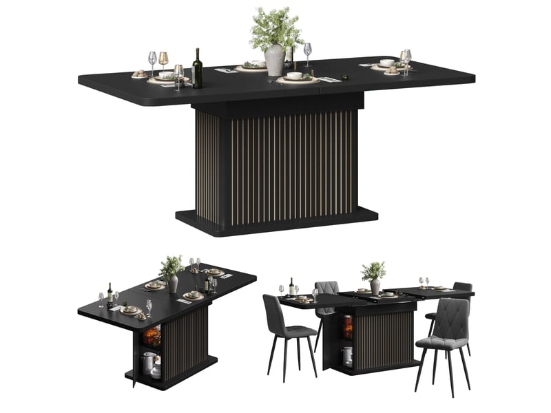  Table à manger extensible 120160 cm pour 4-6 personnes, avec rangement caché intégré, plateau rabattable, pied design rainuré vertical, finition noire - noir  - Conforama A
