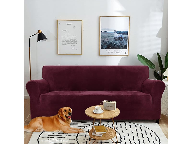  Housse de canapé en velours 3 places(180-230cm), sofa cover extensible bordeaux  - Conforama D