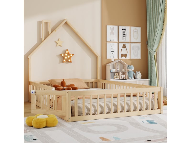  Lit cabane 140x190 cm forme cheminée, garde-corps, bois et mdf, naturel sans matelas  - Conforama E