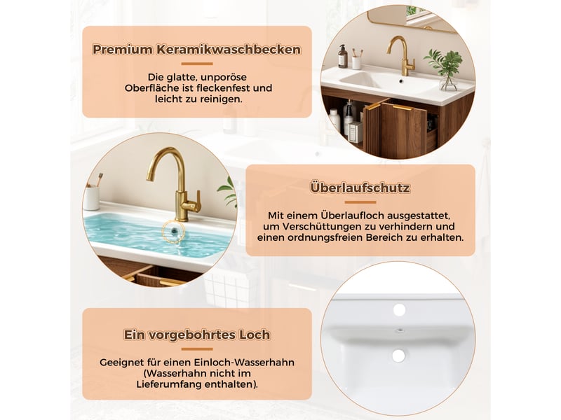 Meublede salle de bain 91 cm avec vasque céramique, 91 x 47 x 87 cm,noyer,panneau mdf,portes battantes et tiroirs, façade cannelée - Conforama R