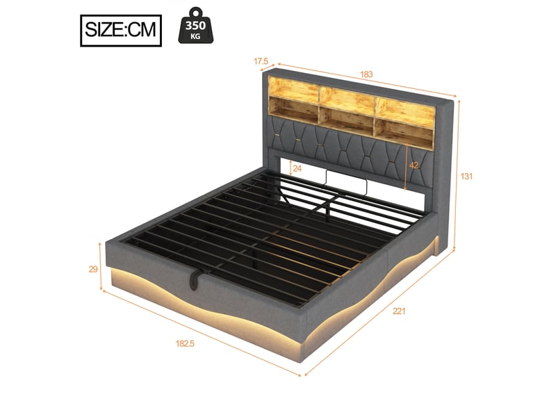  Lit coffre 180x200 cm gris tissu avec led pilotée par application, ports usb et relevage hydraulique, sans matelas  - Conforama C