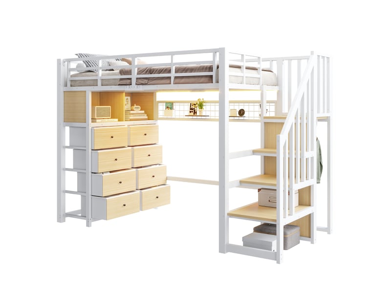  Haut lit 90x200 cmavec 8 tiroirs, led, rangements, escalier intégré, garde-corps, métal mdf, blanc sans matelas  - Conforama A