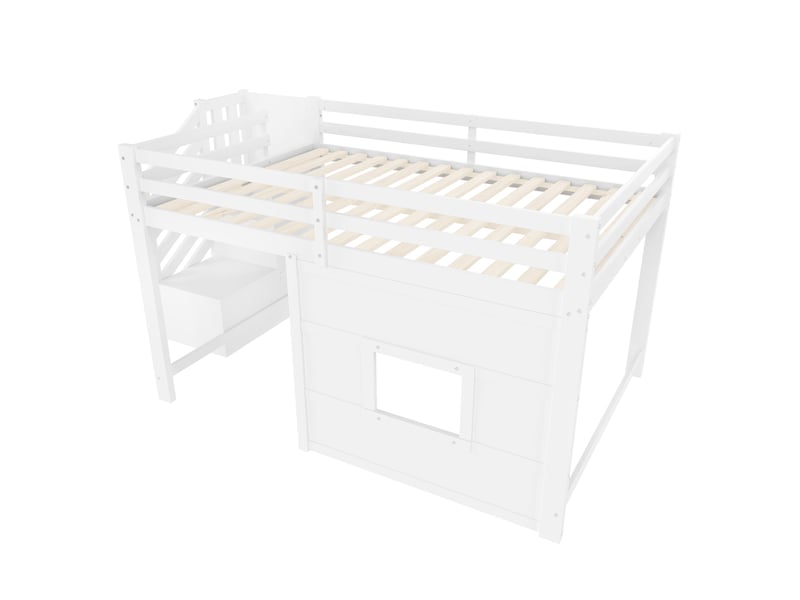  Lit mezzanine 140x200 cm avec escalier de rangement et fenêtre, lit enfant avec led, mdf et bois, blanc sans matelas  - Conforama E