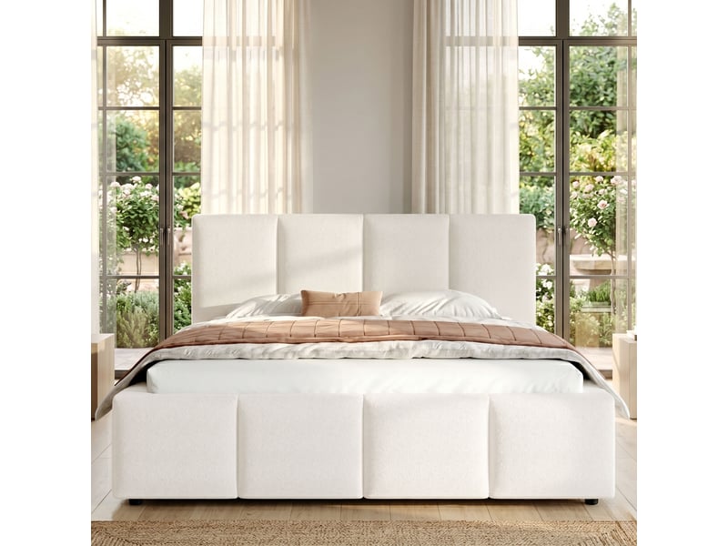  Lit double rembourré 180x200 cm en bouclé beige, tête de lit épaisse 11 cm, bords arrondis, sommier à lattes, jusqu'à 300 kg  - Conforama D