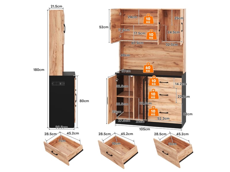 Meuble de rangement 105 x 40 x 180 cm design moderne noir aspect bois éclairage led étagères réglables prise style européen - Conforama C