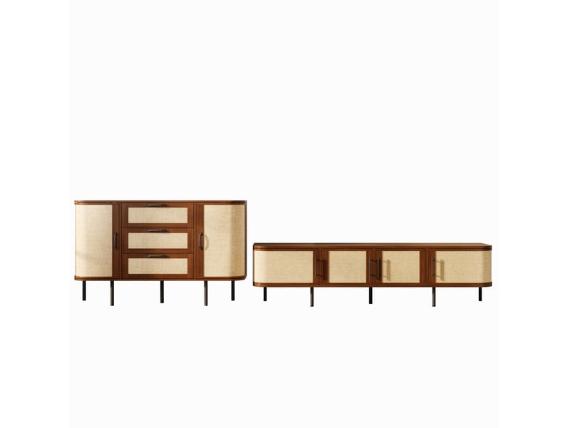  Ensemble meuble tv 180x40x45 cm et buffet 120x40x82 cm, façades tressées, mdf, métal, noyer  - Conforama A