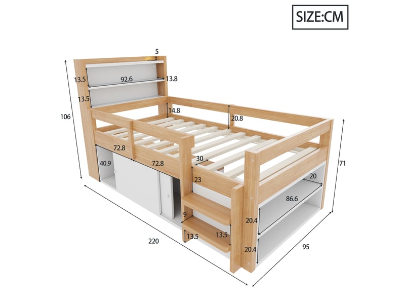  Lit mezzanine enfant simple 90×200 cm avec rangements, led et usb - okmyhome- bois naturel, sans matelas  - Conforama D
